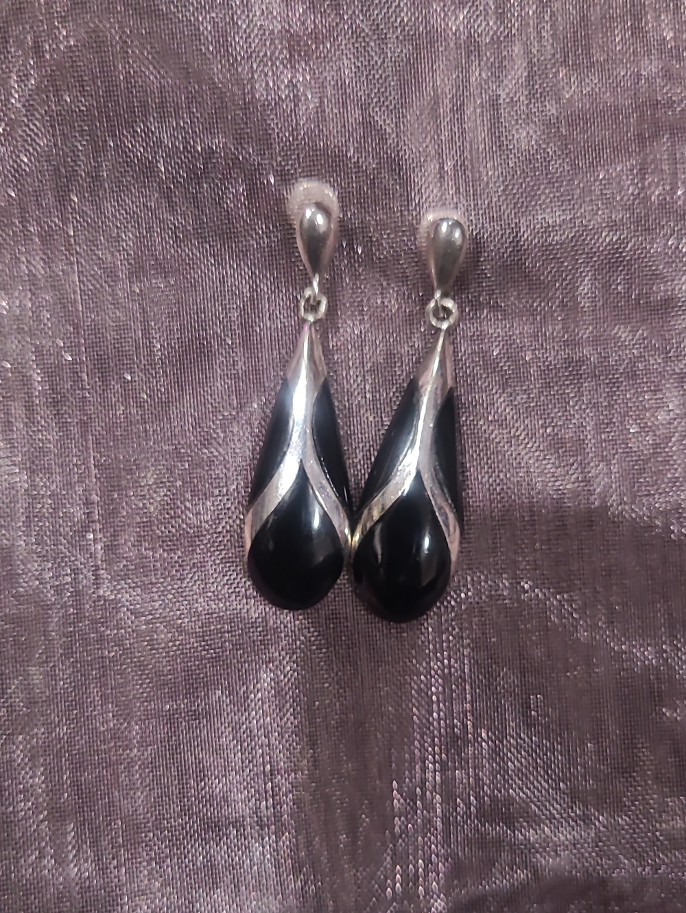 BJMC Sterling Silver 925 Black Onyx Inlay Teardrop Dangle Earrings